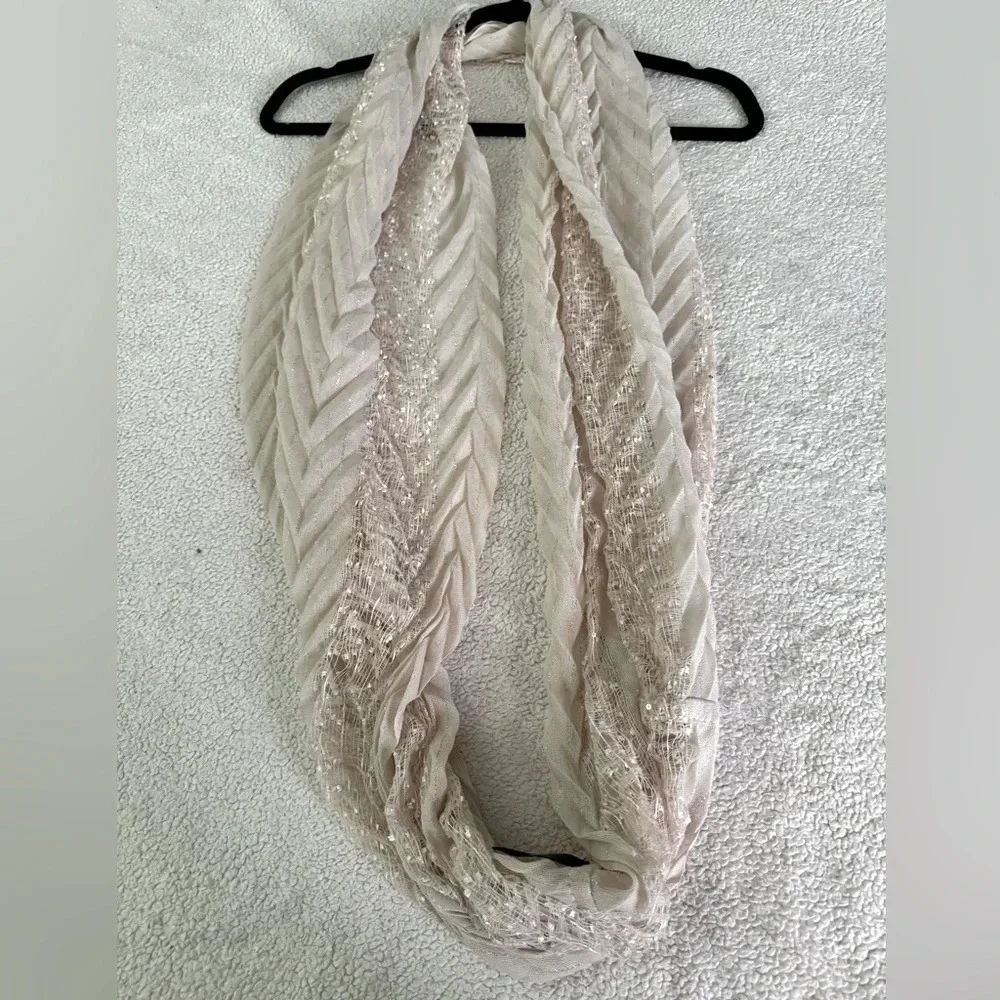 MixIt OS Infinity Loose Cowl Neck Looped Scarf Soft Rose Gold Ivory w/sequins.